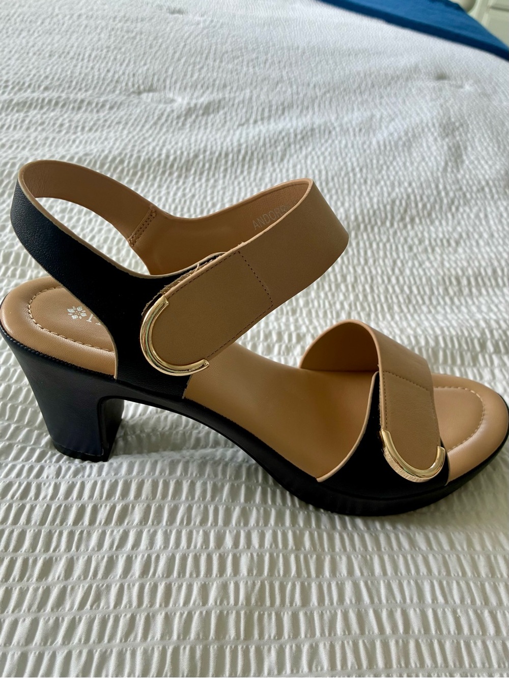 Two-Tone Tan and Black Women's Mid Heel Patricia Sandals, new